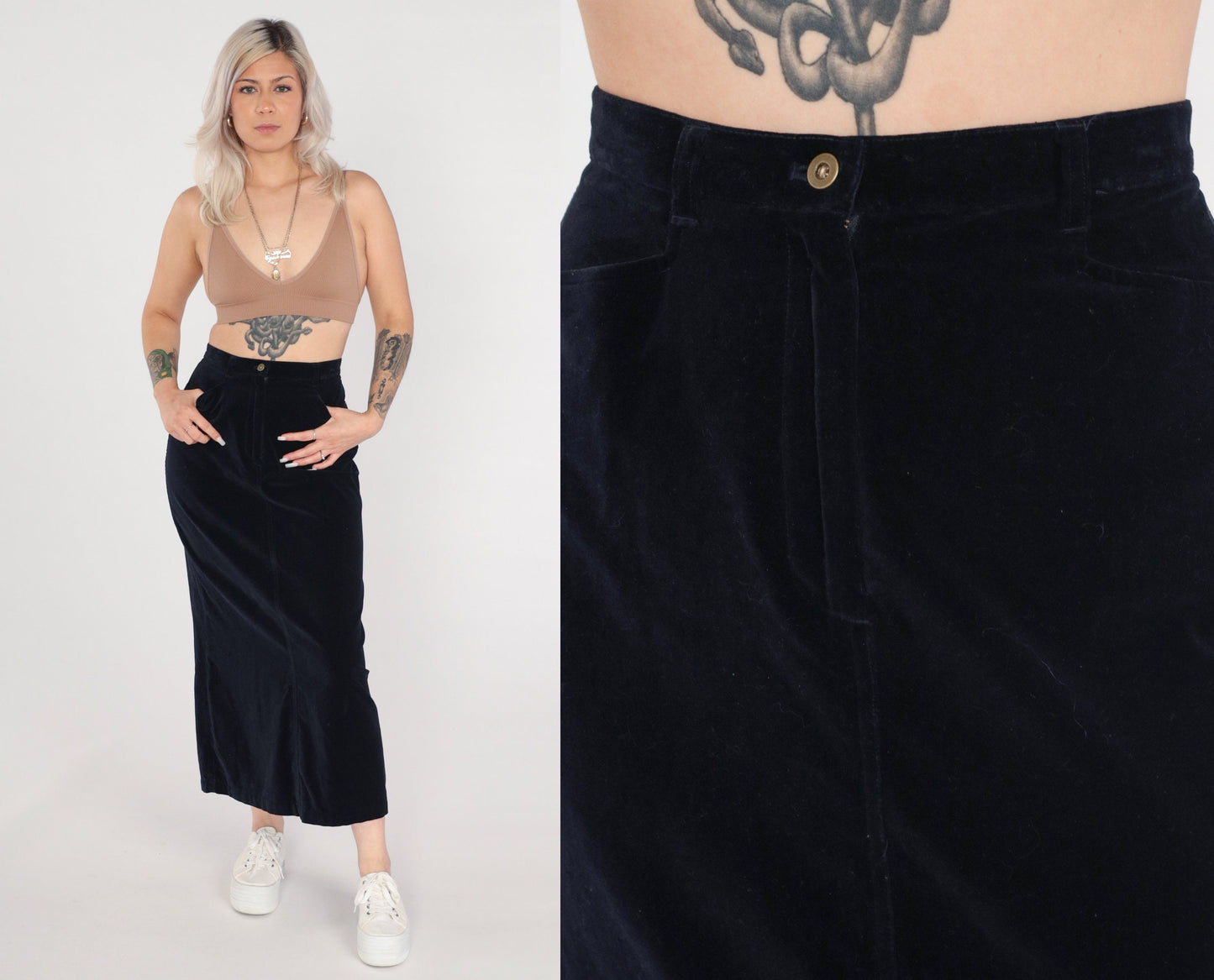 90s Black Velvet Maxi Pencil Skirt High Waist Rear Slit Small 4