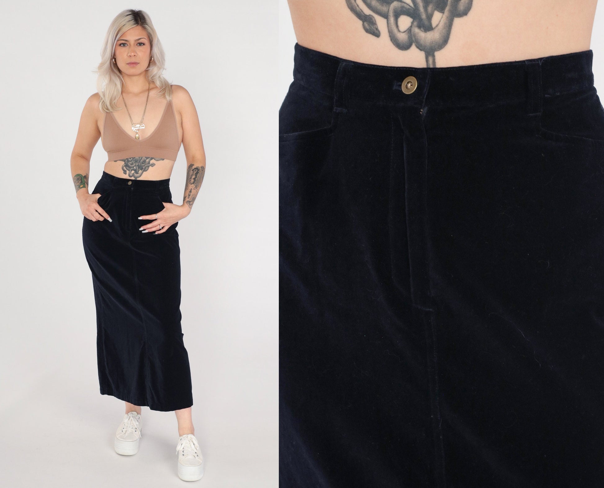90s Black Velvet Maxi Pencil Skirt High Waist Rear Slit Small 4