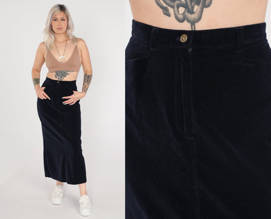 90s Black Velvet Maxi Pencil Skirt High Waist Rear Slit Small 4