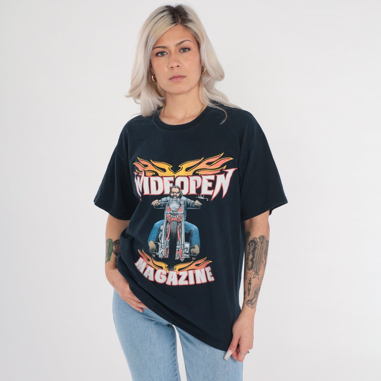 00s Wide Open Magazine Biker Graphic T-Shirt Black Flames Motorcycle Tee Large L