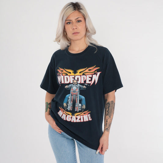 00s Wide Open Magazine Biker Graphic T-Shirt Black Flames Motorcycle Tee Large L