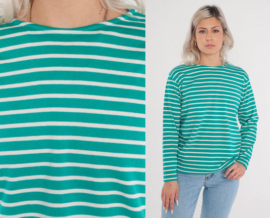 90s Green & White Striped Long Sleeve T-Shirt Cotton Tee Medium