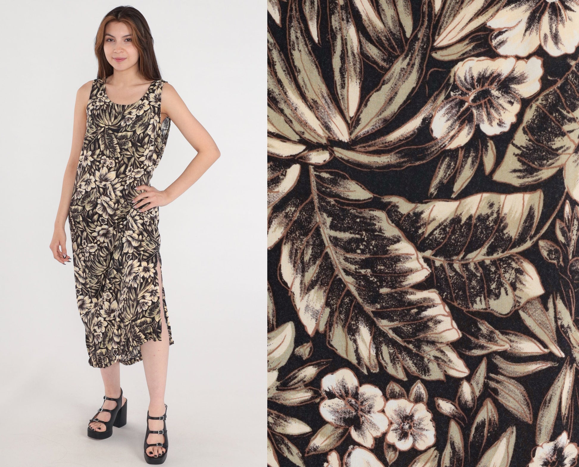 90s Black Floral Midi Dress Tropical Hibiscus Leaf Print Sleeveless Medium M