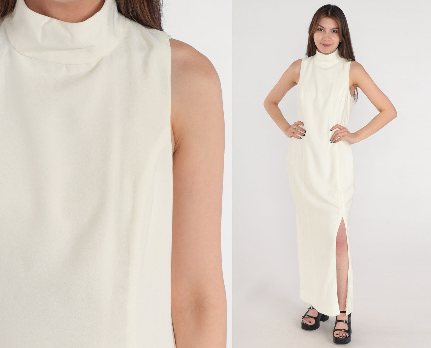 80s Cream Maxi Dress Sleeveless Mock Neck High Slit Evening Gown Small