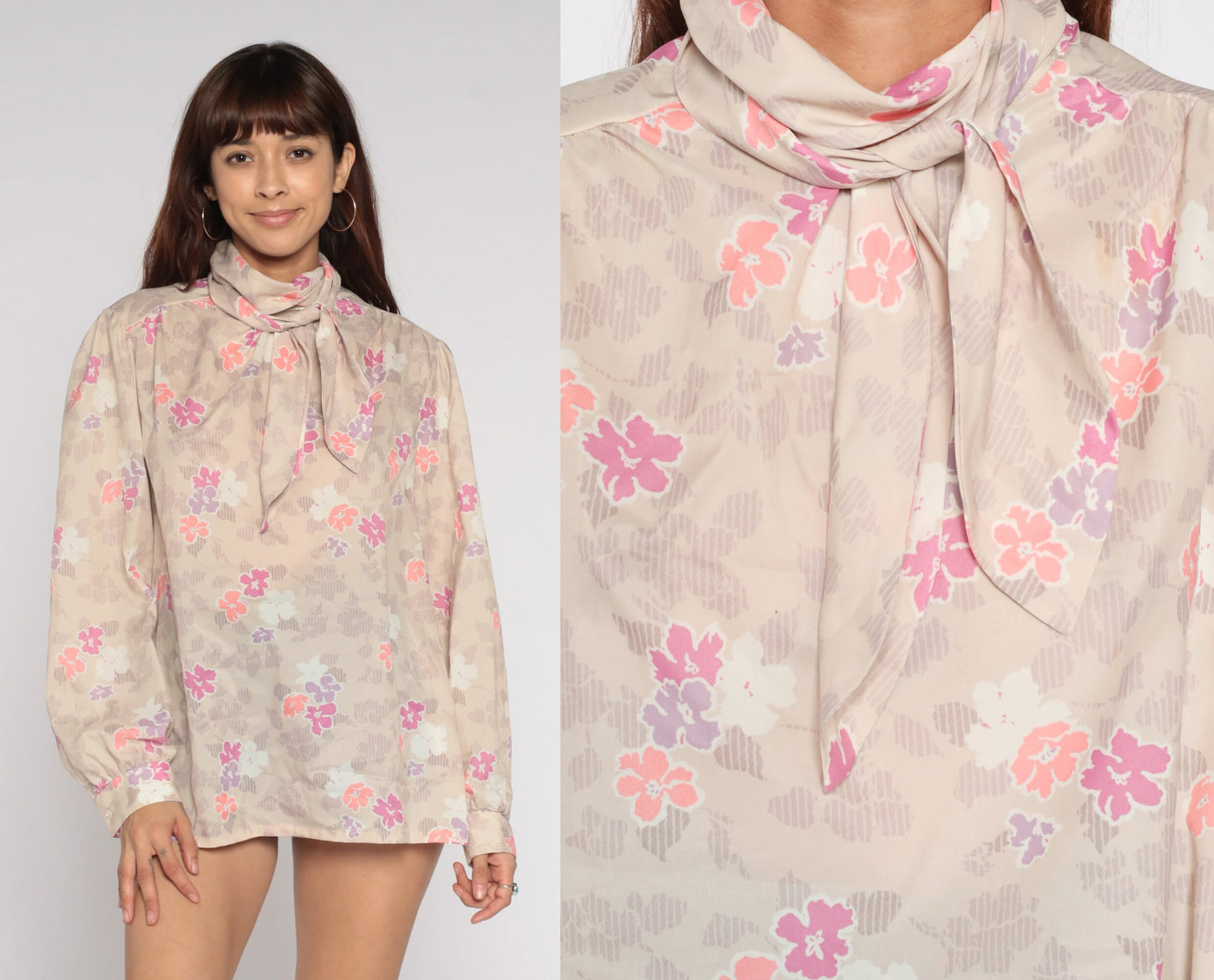 70s Floral Ascot Blouse Beige Neck Tie Long Sleeve Shirt Extra Large XXL
