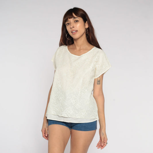 70s White Lace Blouse Cap Sleeve Scoop Neck Layered Front Large