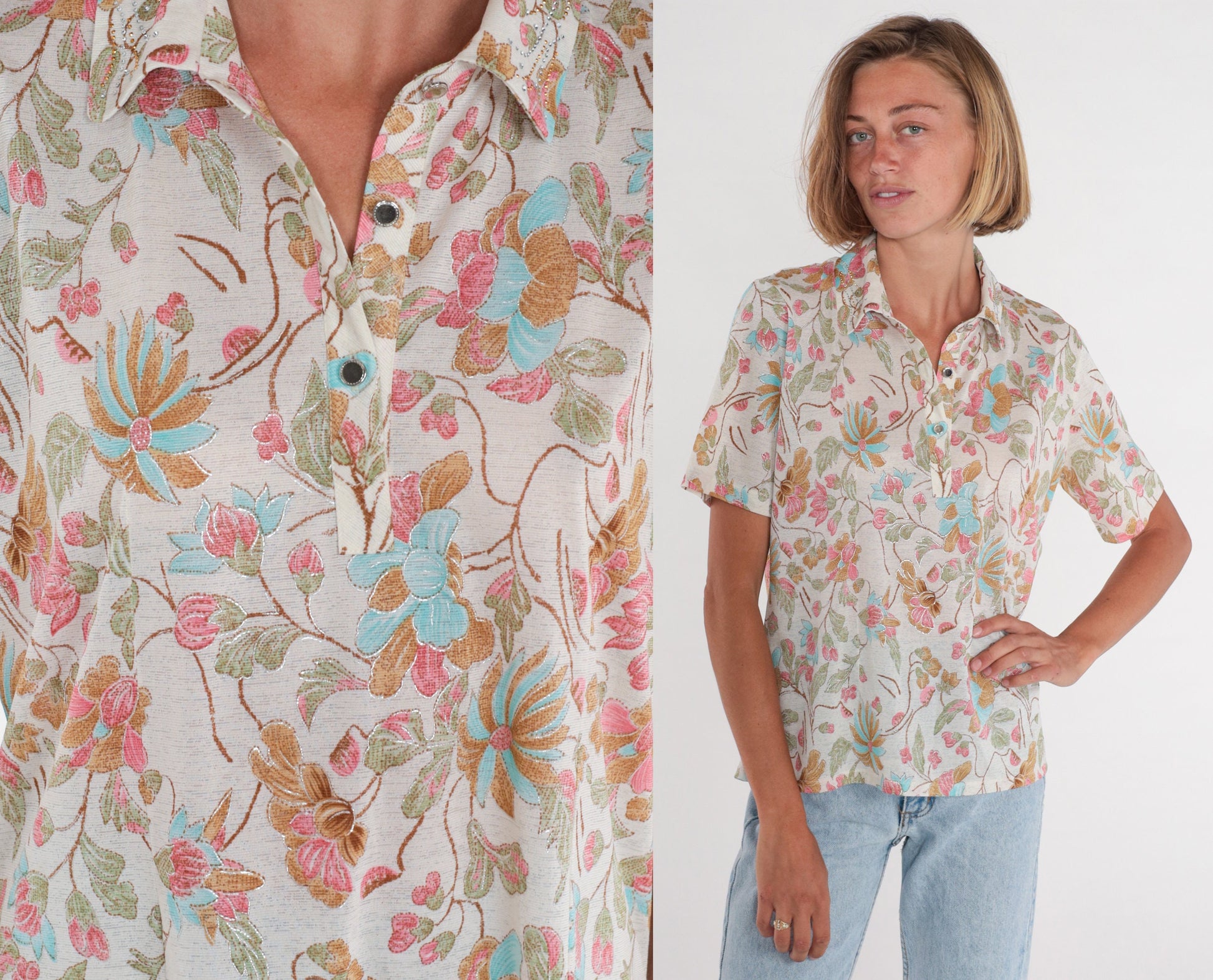 Y2K White Floral Blouse Rhinestone Metallic Trim Button-Up Short Sleeve Medium M
