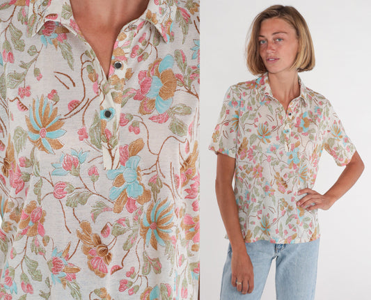 Y2K White Floral Blouse Rhinestone Metallic Trim Button-Up Short Sleeve Medium M