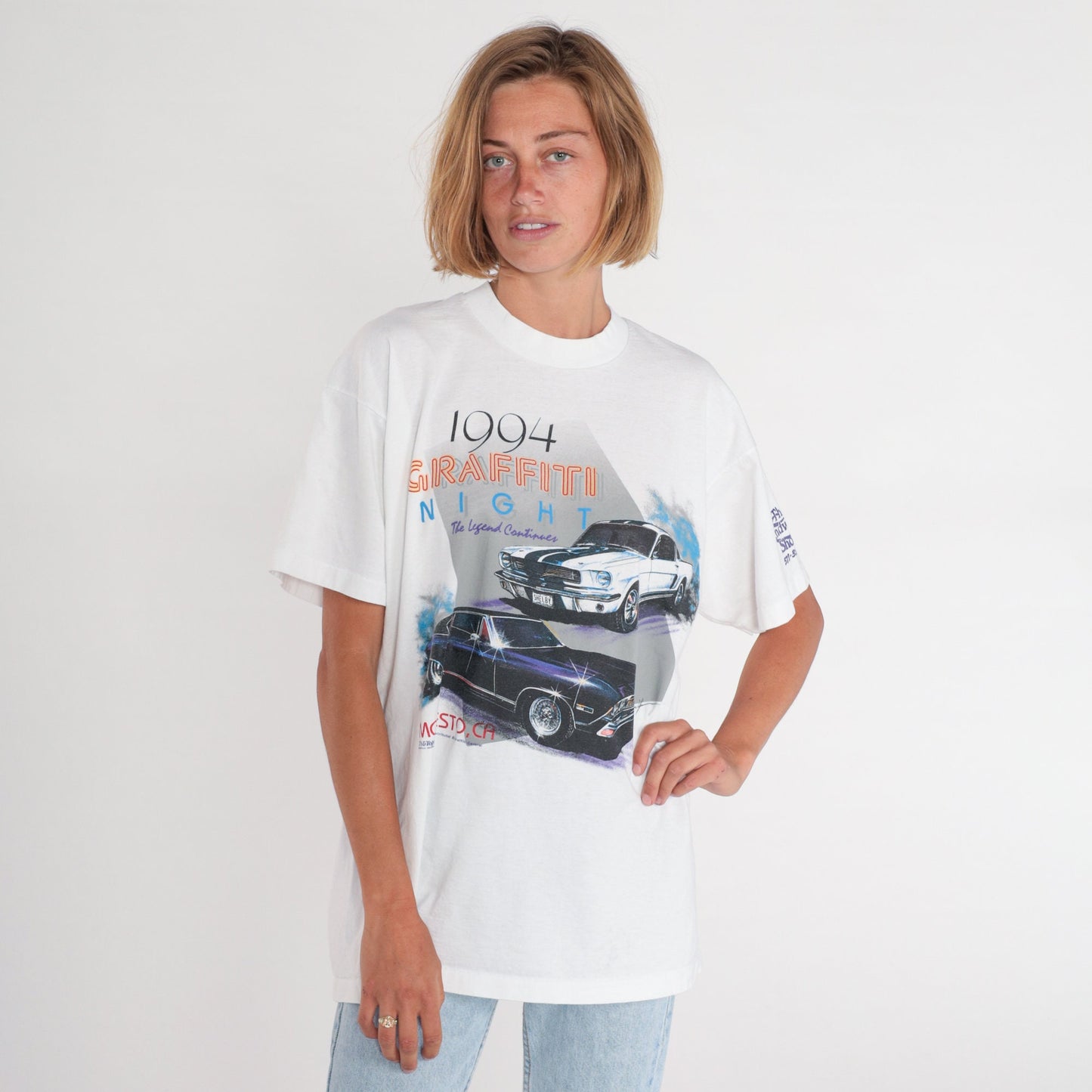 90s Graffiti Night Hot Rod Graphic T-Shirt White Cotton Single Stitch Extra Large XL