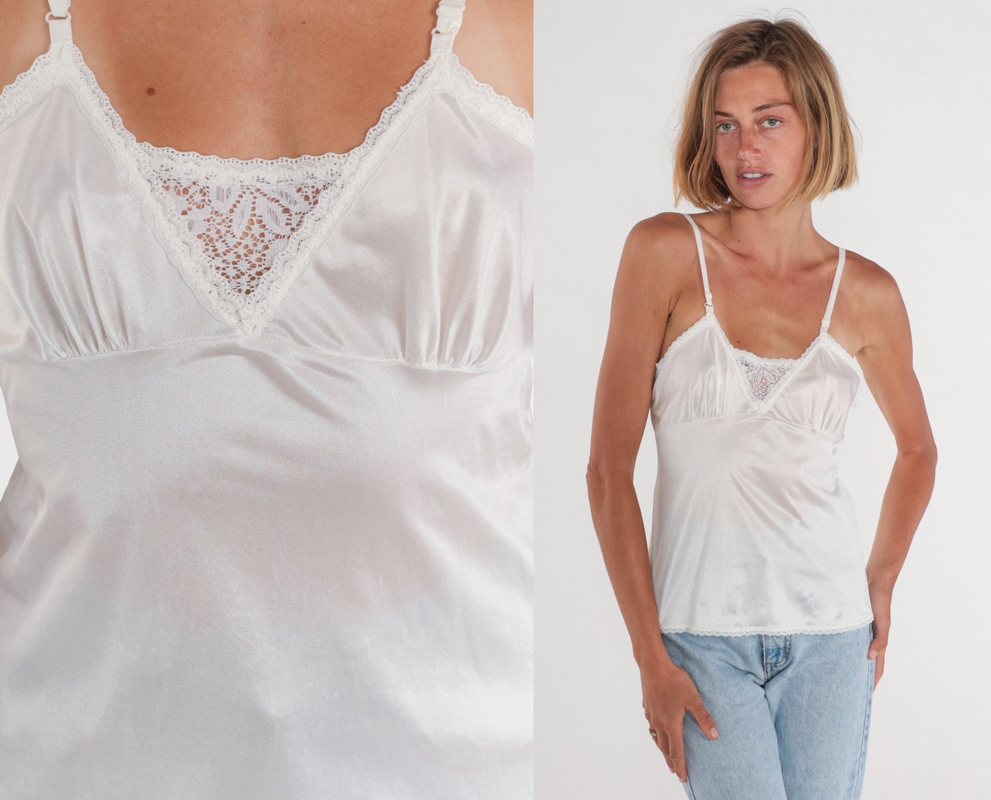 80s White Nylon Camisole Lace Trim Spaghetti Strap Empire Waist Small