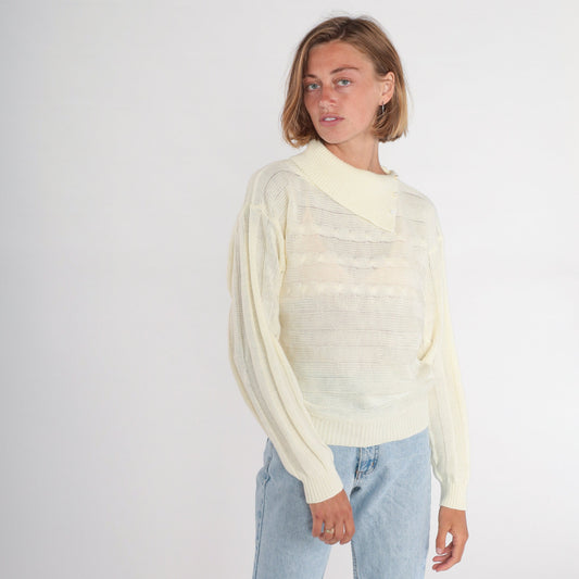 80s Cream Cable Knit Sweater Convertible Collar Pullover Medium M