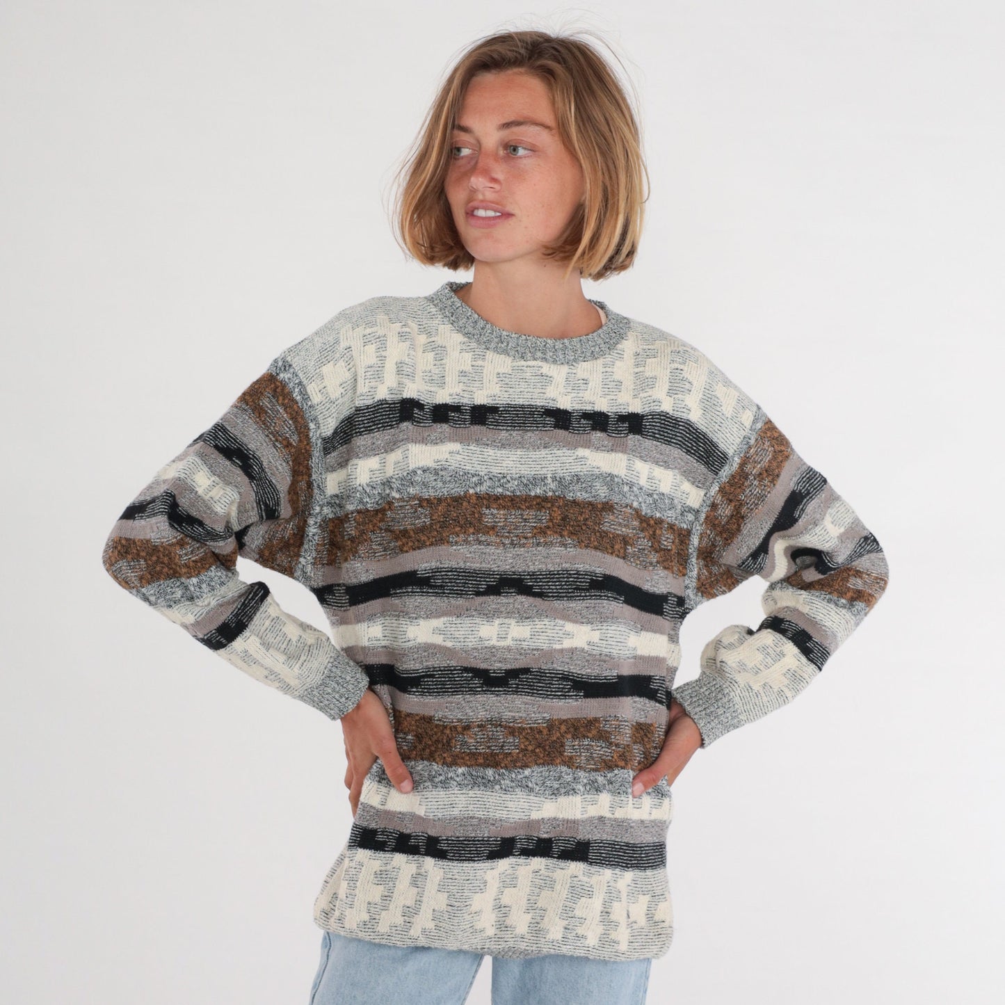 80s Geometric Striped Knit Sweater Grey Brown Cream Black Crewneck Large