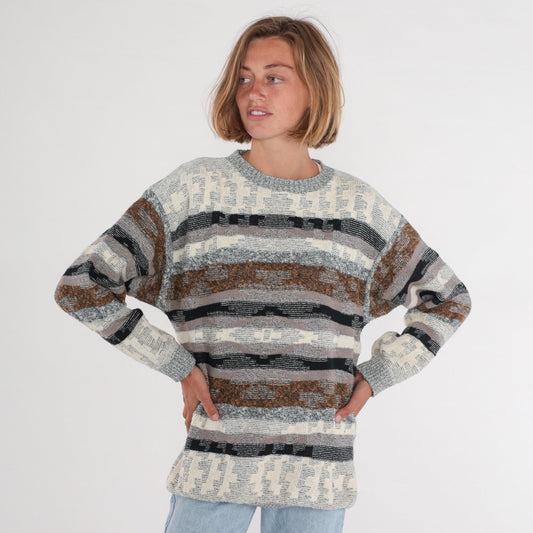 80s Geometric Striped Knit Sweater Grey Brown Cream Black Crewneck Large