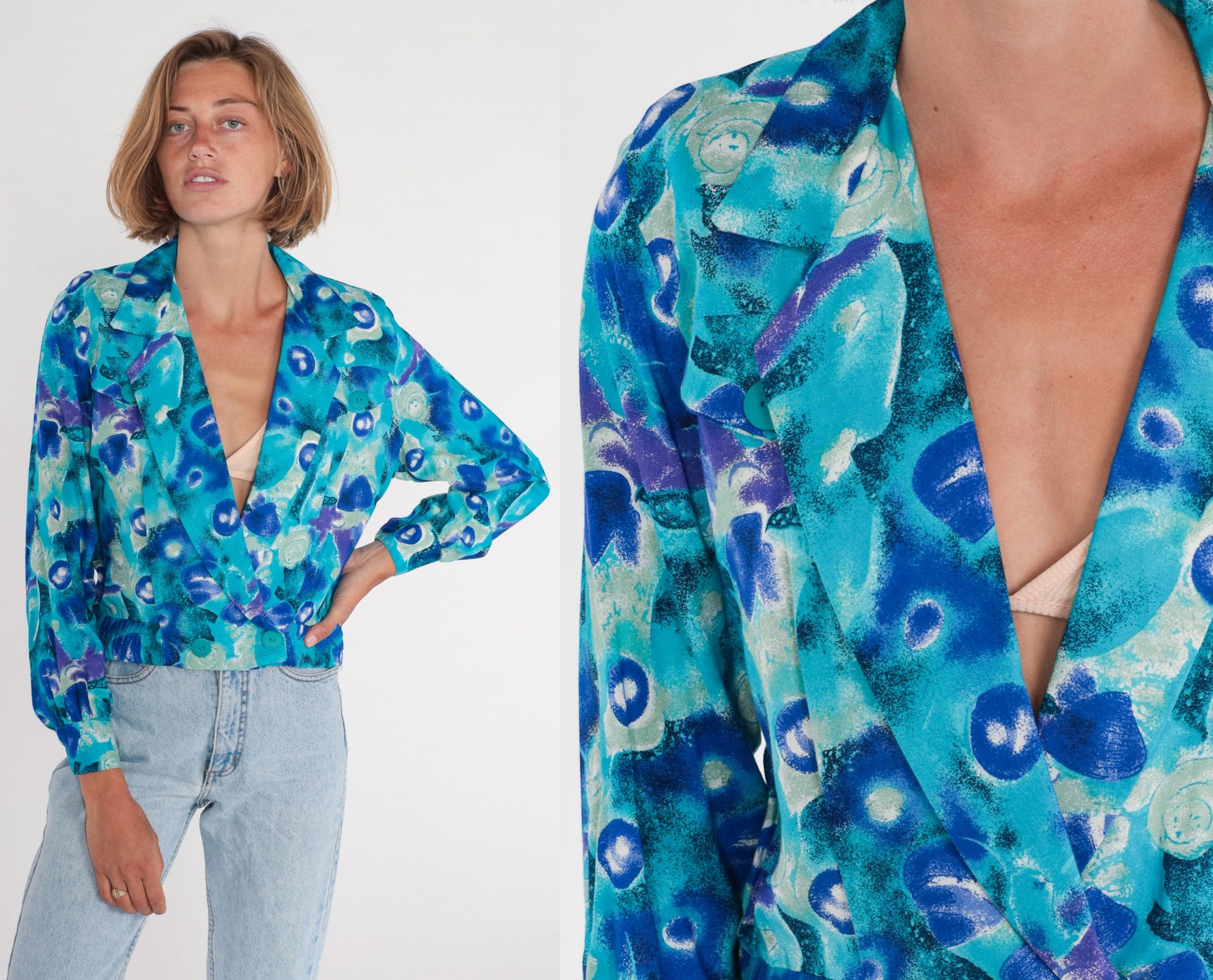 90s P.S Sport Abstract Blue Cropped Blazer Double Breasted Small