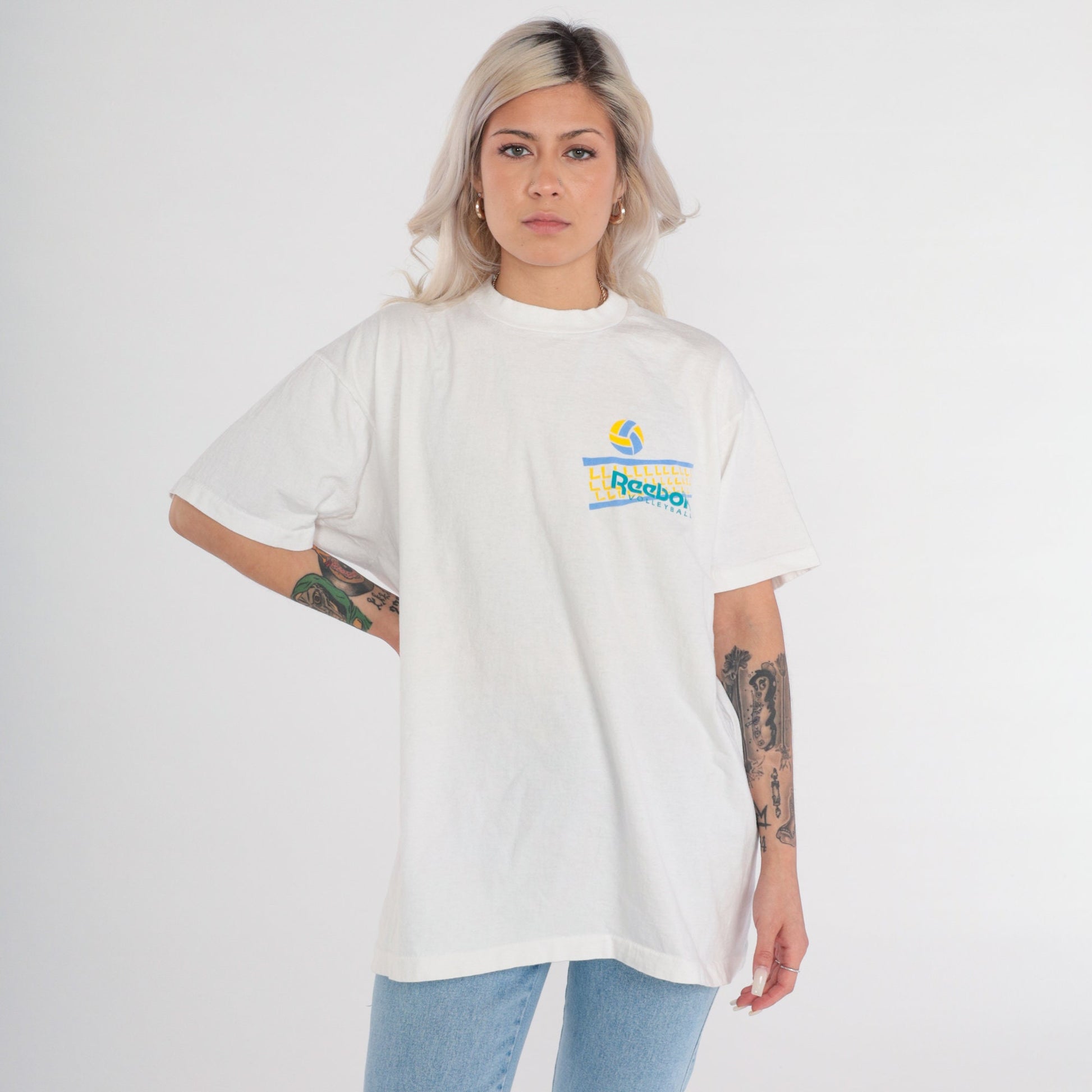 90s Reebok Volleyball Graphic T-Shirt White Cotton Athletic Tee Large L