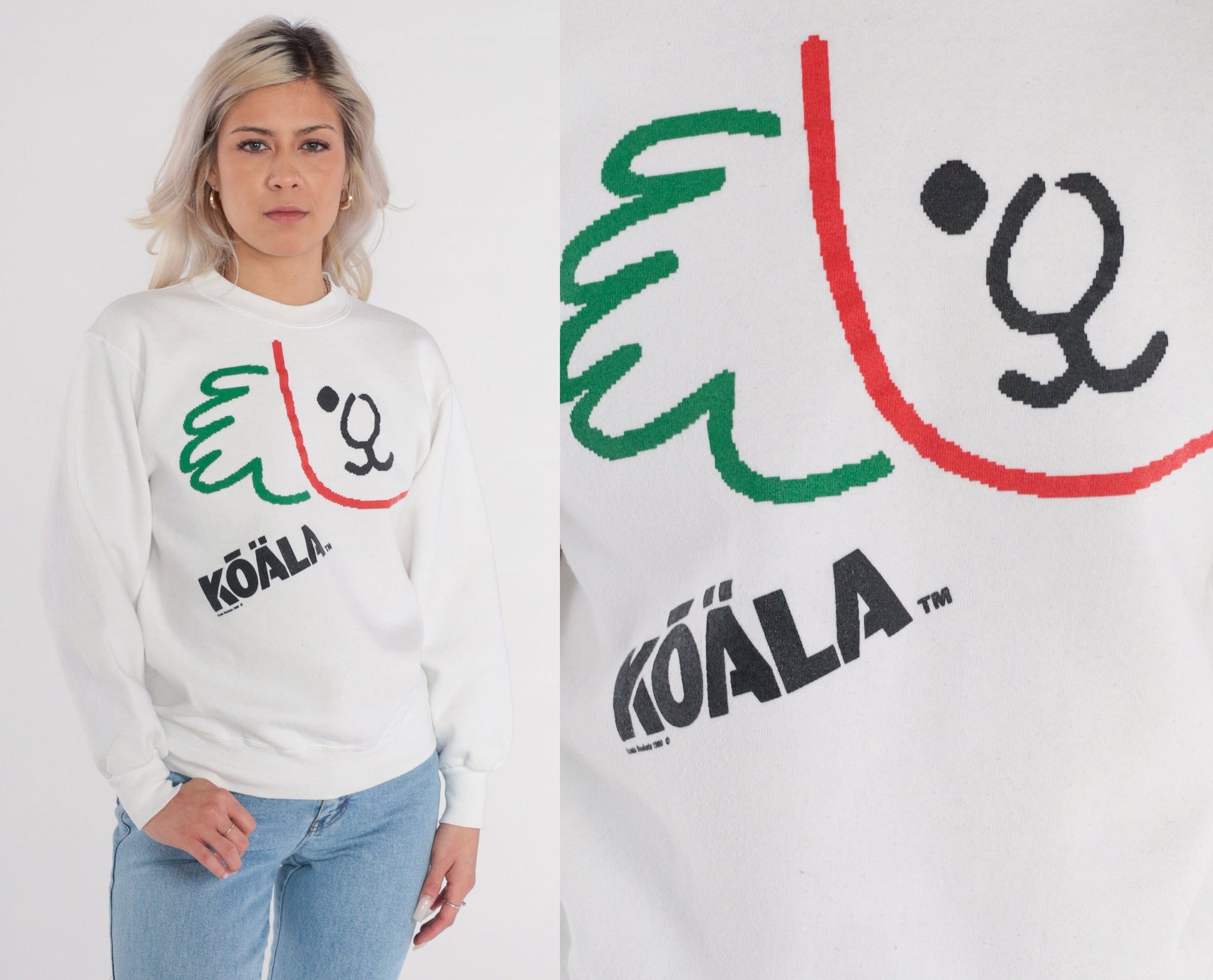 90s Jerzees Koala Bear Graphic Sweatshirt White Crewneck Small