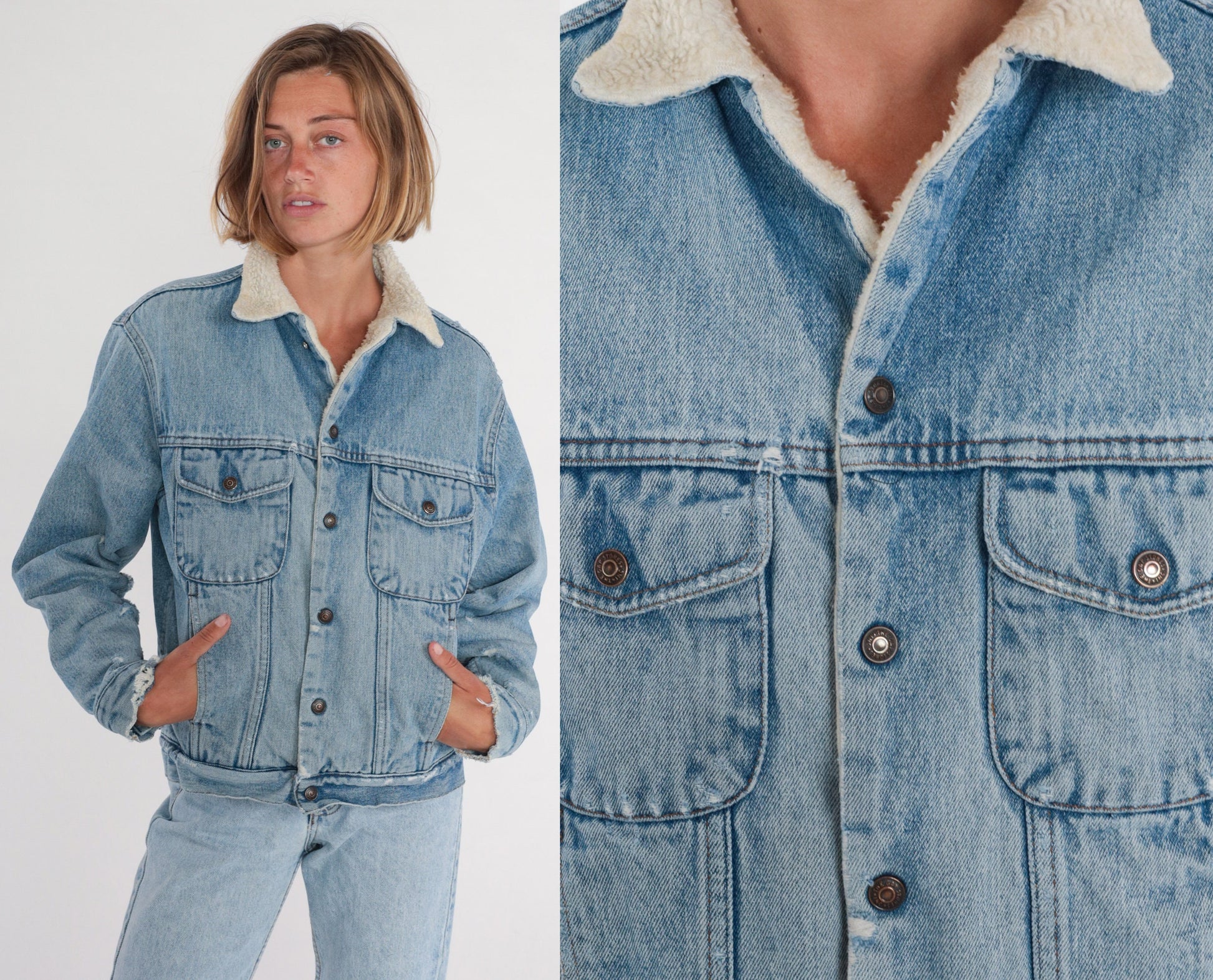 90s Gap Denim Jacket Blue Shearling Lined Snap Front Small S