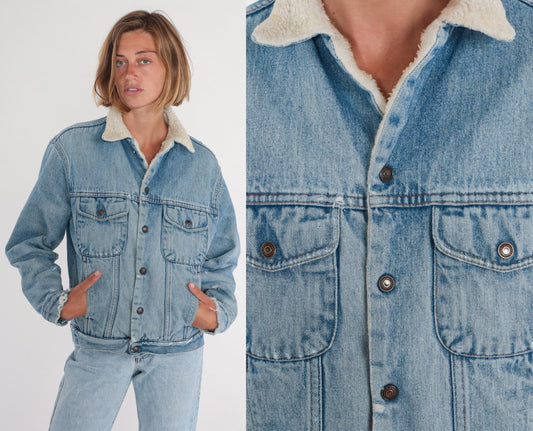 90s Gap Denim Jacket Blue Shearling Lined Snap Front Small S