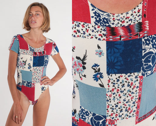 90s Patchwork Floral Bodysuit Red White Blue Scoop Neck Short Sleeve Large L