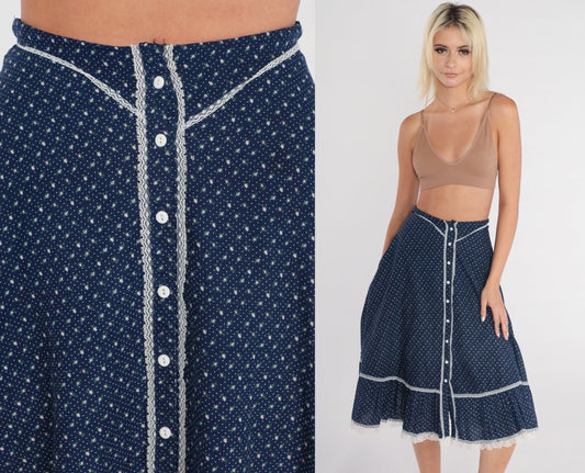 70s Gunne Sax Prairie Skirt Blue Calico Floral Midi Lace High Waist XS