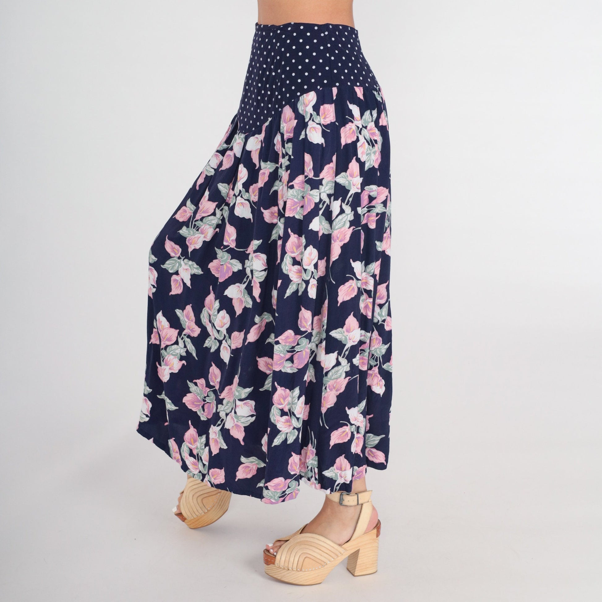 80s Navy Polka Dot Floral Maxi Skirt High Waist Basque Pleated Medium M