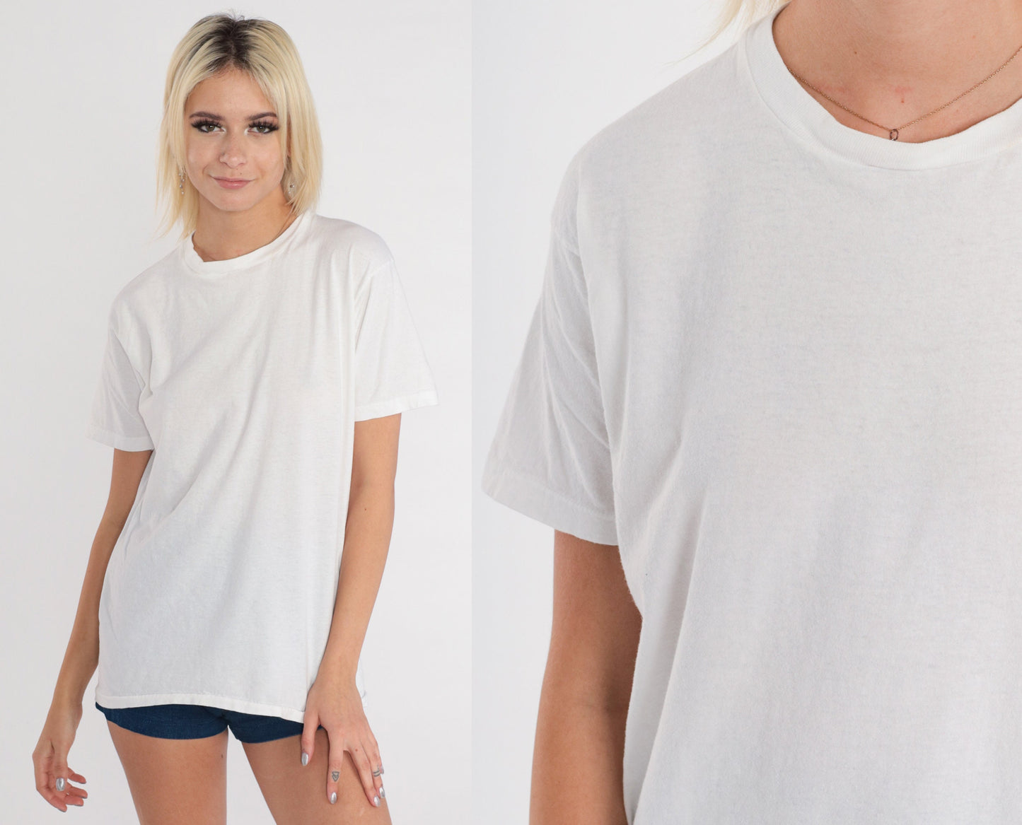 80s Hanes Plain White Cotton T-Shirt Crew Neck Single Stitch Large L