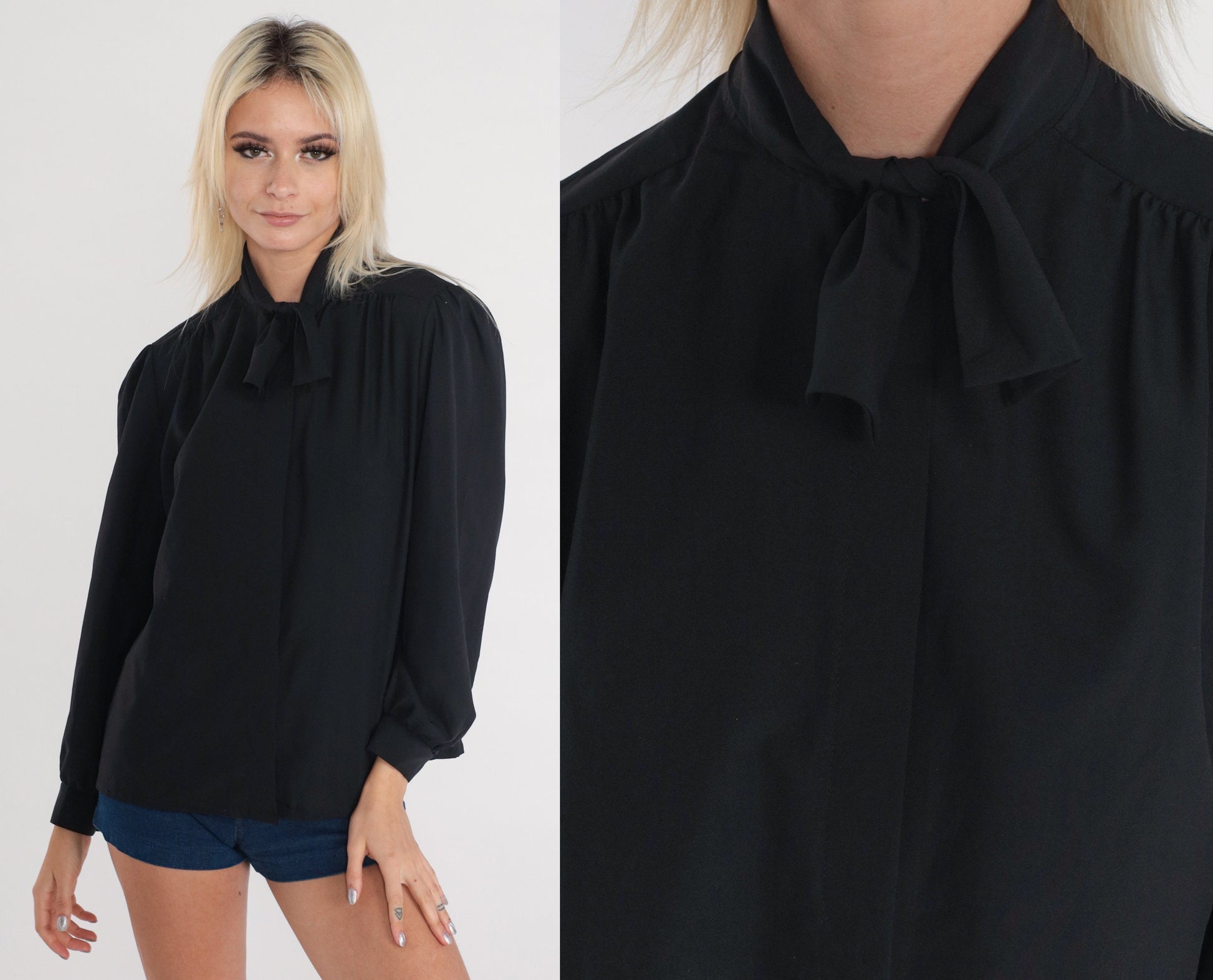 70s Black Ascot Blouse Button Up Necktie Puff Sleeve Shirt Medium M