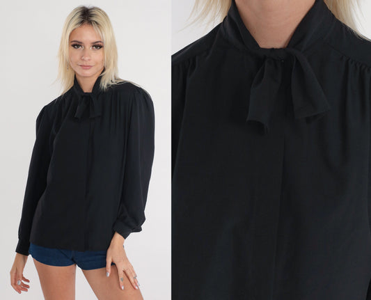 70s Black Ascot Blouse Button Up Necktie Puff Sleeve Shirt Medium M