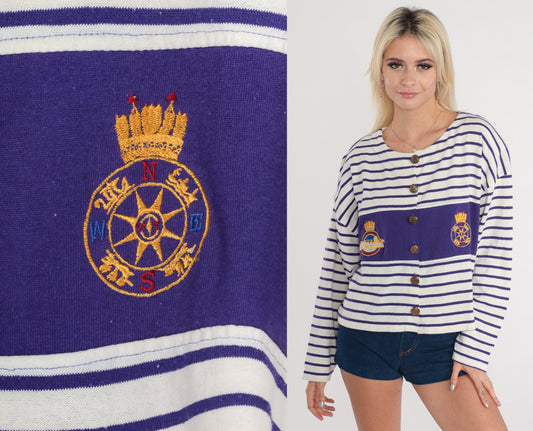 90s Royal Navy Striped Button-Up Shirt White Purple Compass Crest Medium
