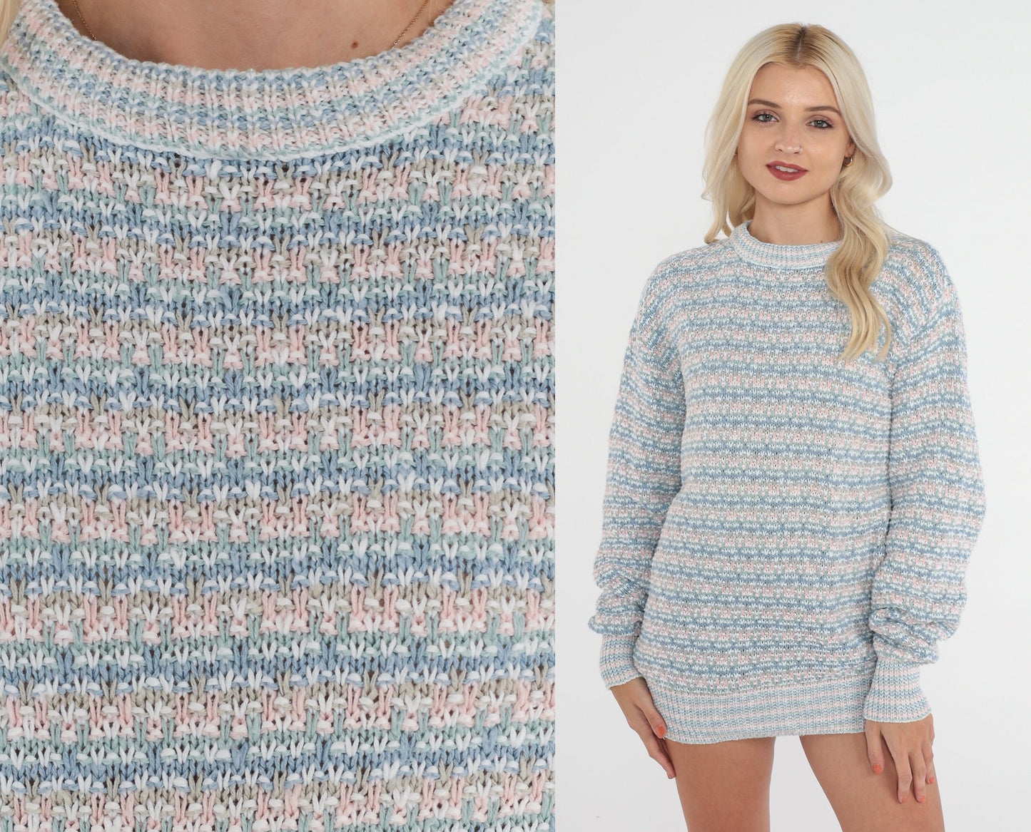 80s Pastel Striped Knit Sweater Crewneck Pullover Cotton Blue Pink Green Medium M