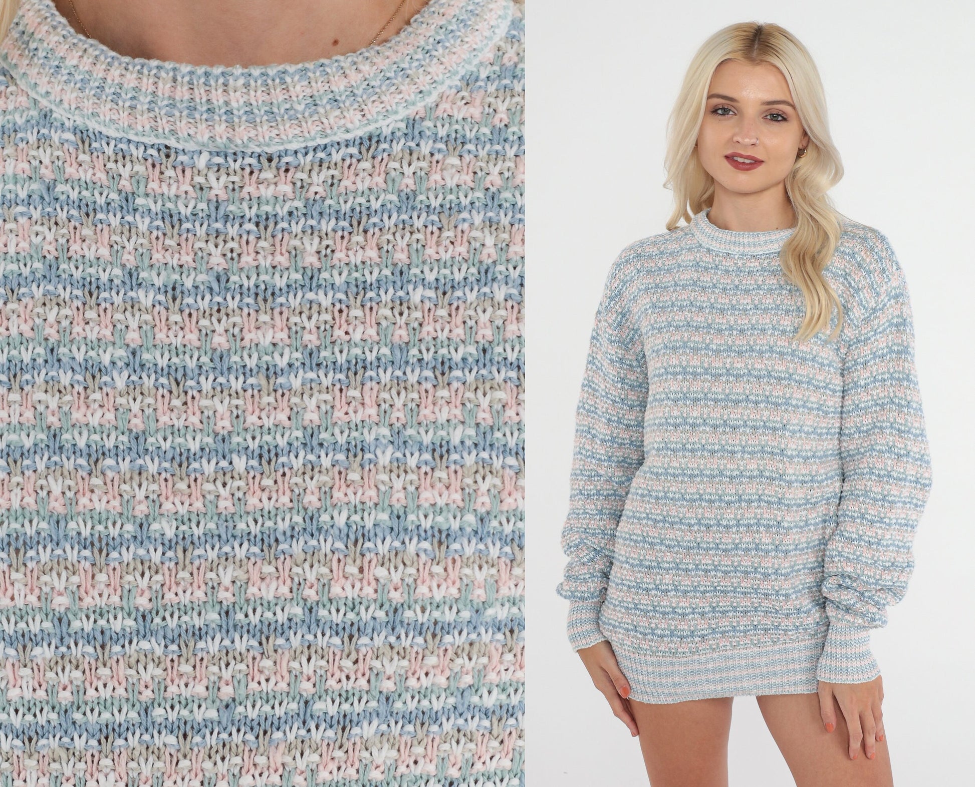 80s Pastel Striped Knit Sweater Crewneck Pullover Cotton Blue Pink Green Medium M