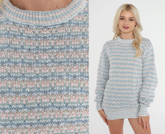 80s Pastel Striped Knit Sweater Crewneck Pullover Cotton Blue Pink Green Medium M