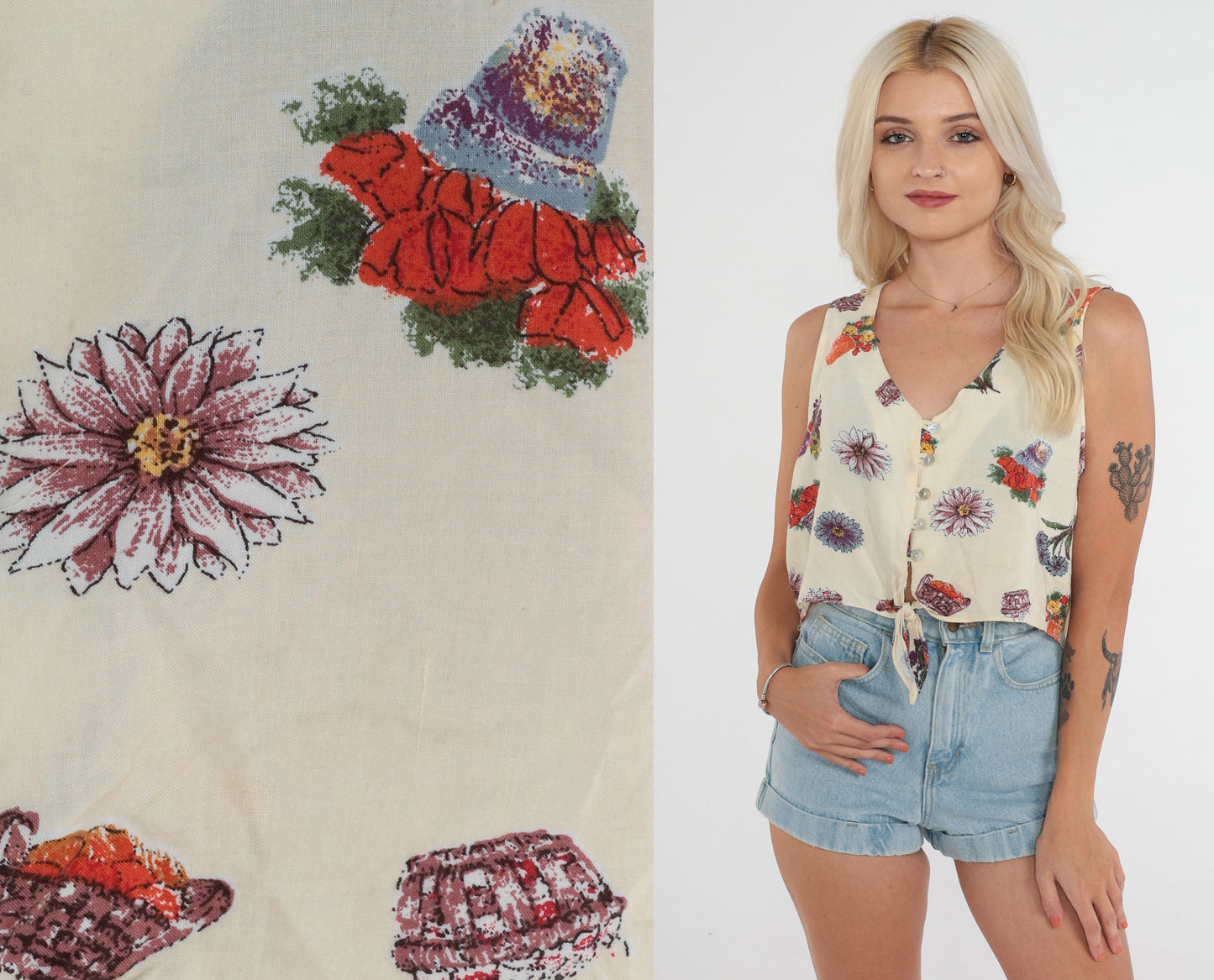 90s Floral Gardening Crop Top Cream Button-Up Tank Tie Waist Large