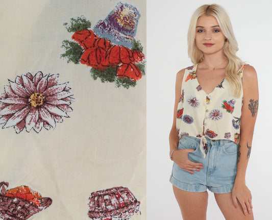 90s Floral Gardening Crop Top Cream Button-Up Tank Tie Waist Large