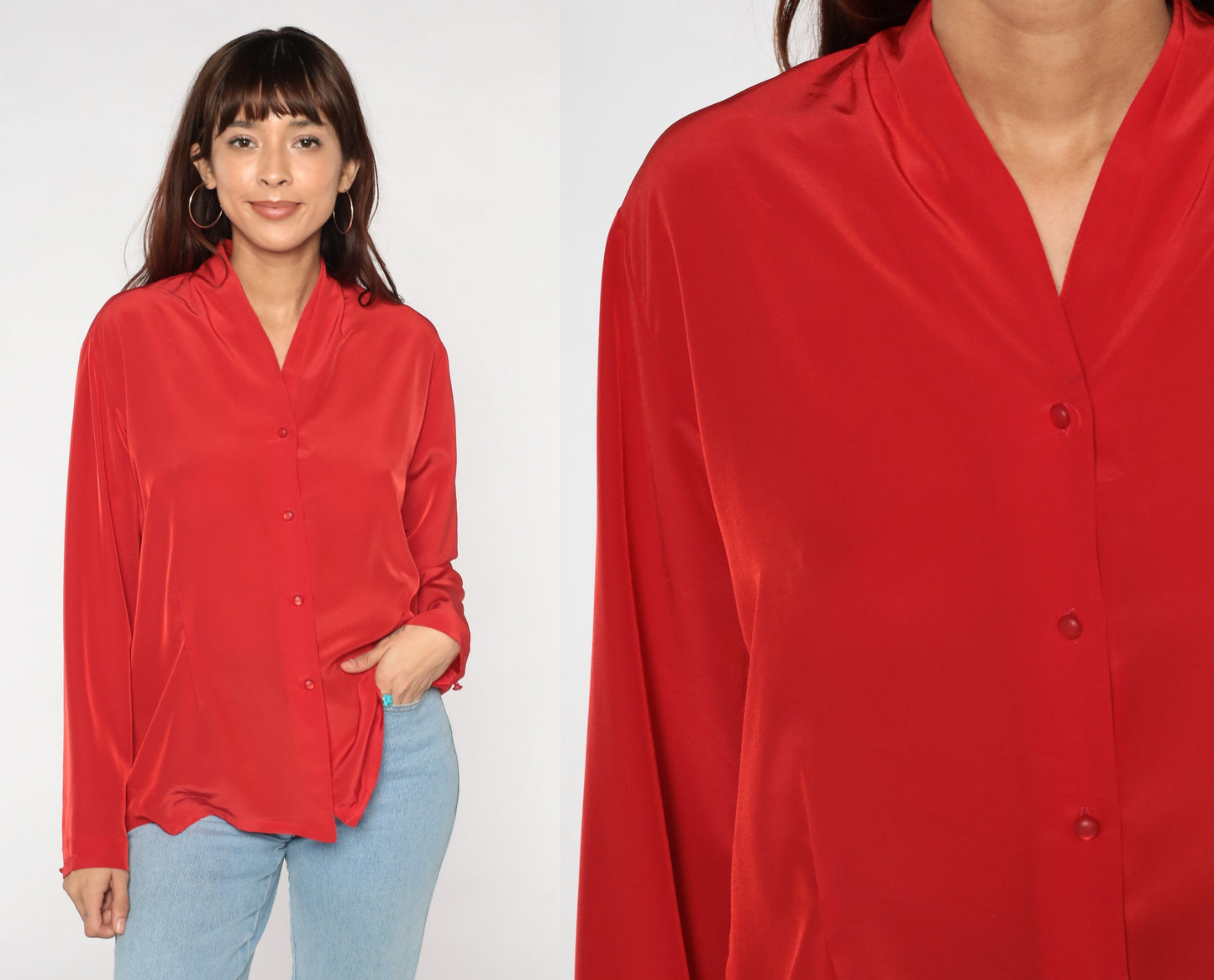 80s Pendleton Red Button-Up Blouse V-Neck Long Sleeve Medium M