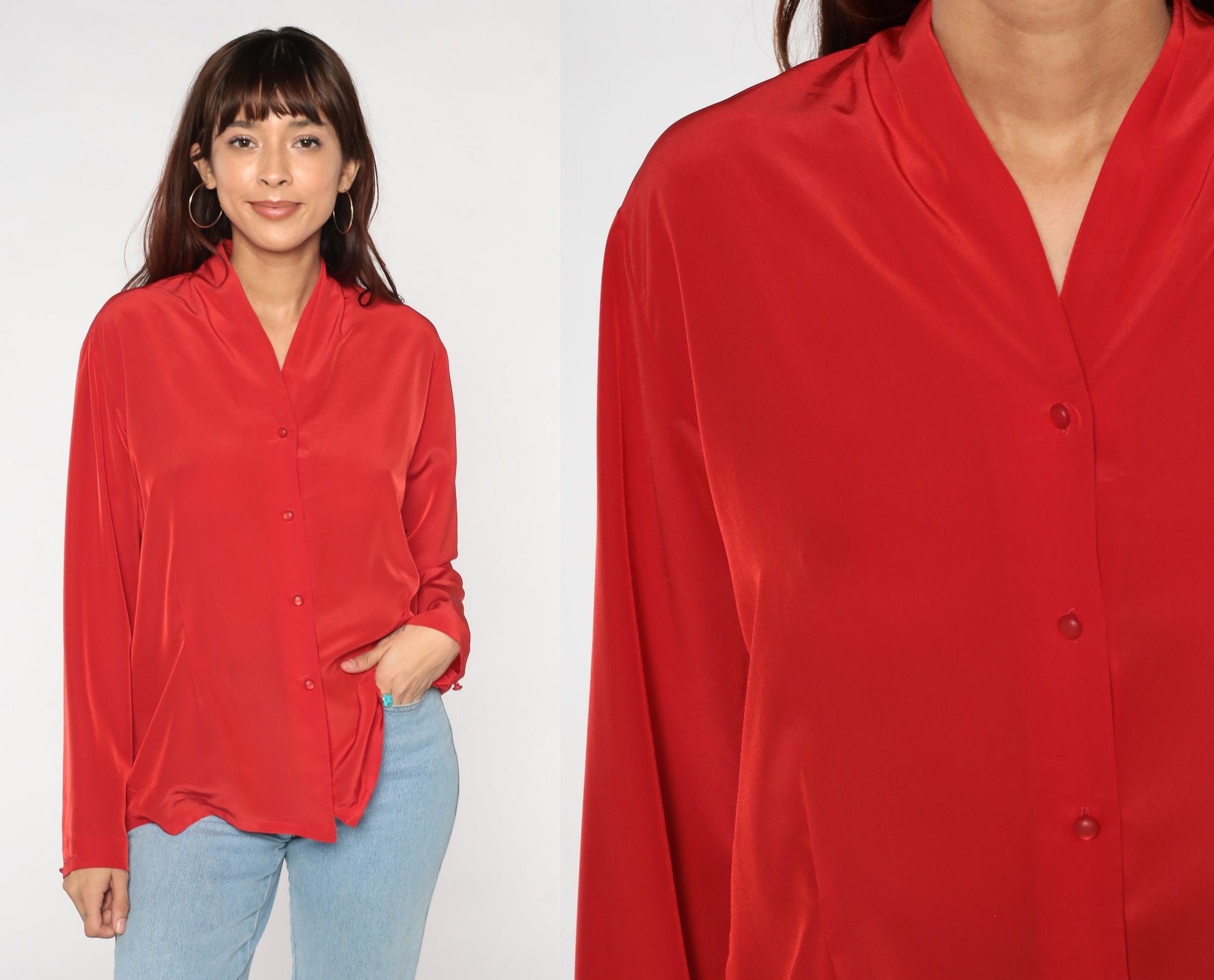 80s Pendleton Red Button-Up Blouse V-Neck Long Sleeve Medium M