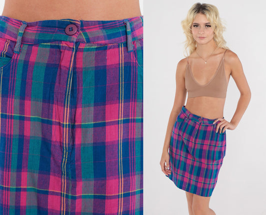 90s Plaid Mini Skirt High Waisted Pencil Checkered Pink Blue Cotton Small