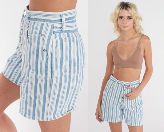 80s Striped Denim Shorts High Waisted Exposed Button Fly Blue White Extra Small