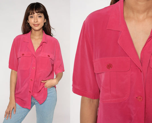 00s Pink Silk Button-Up Blouse Short Sleeve Chest Pocket Large