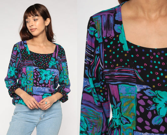 90s Patchwork Floral Polka Dot Blouse Cuffed Sleeve Black Purple Turquoise Medium