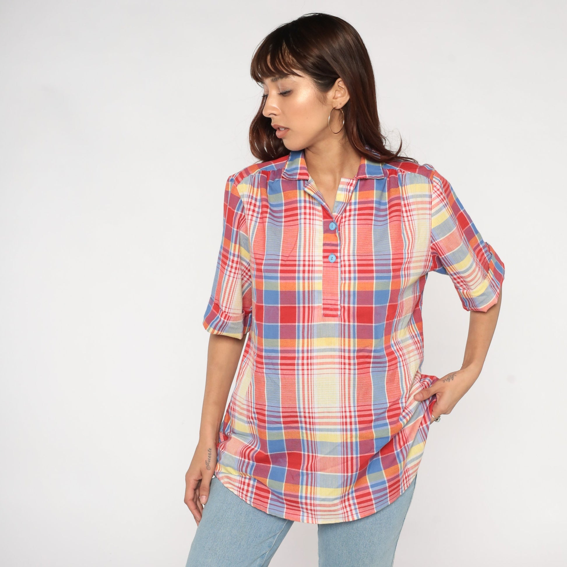80s Plaid Cotton Blouse Short Sleeve Button-Up Shirt Red Blue Yellow Large L