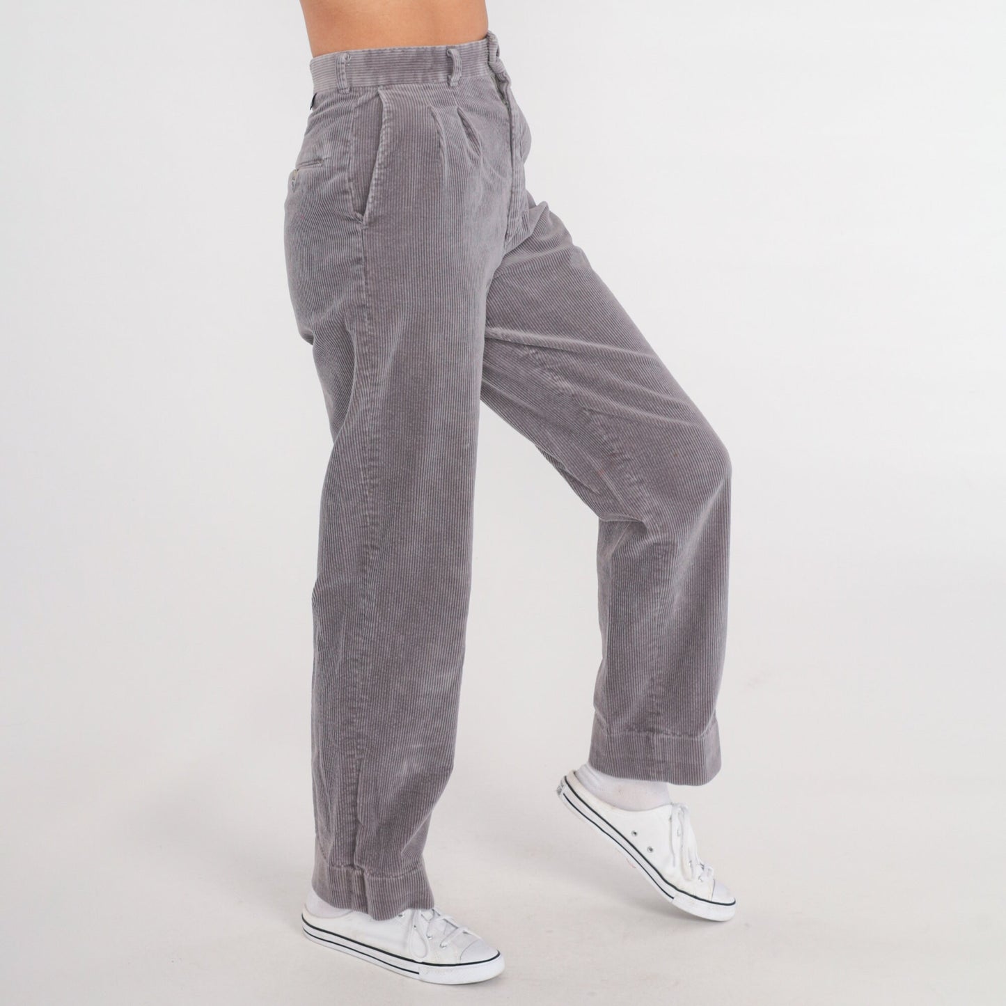 80s Grey Corduroy High-Waist Pleated Straight-Leg Trousers Extra Small