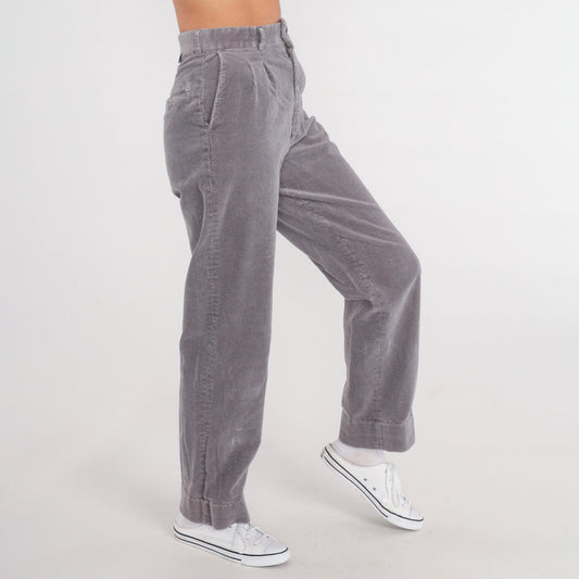 80s Grey Corduroy High-Waist Pleated Straight-Leg Trousers Extra Small
