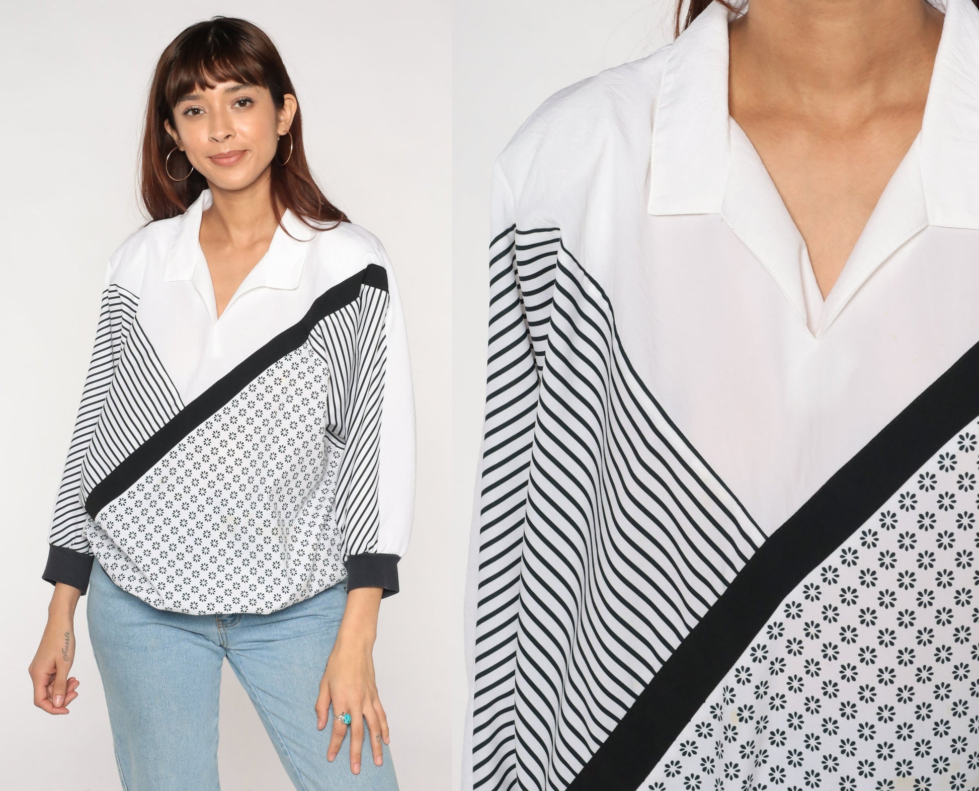 80s Black White Striped Floral Shirt Collared Blouse 3/4 Sleeve Extra Large XL