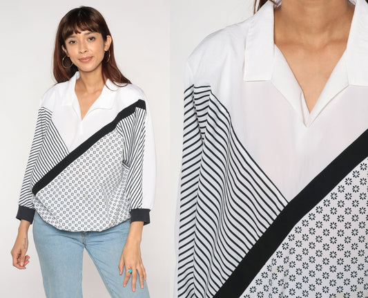80s Black White Striped Floral Shirt Collared Blouse 3/4 Sleeve Extra Large XL