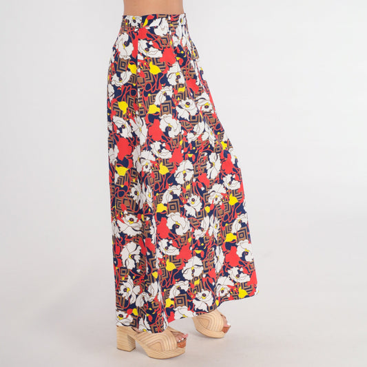 70s Psychedelic Floral Maxi Skirt High Waist Zipper Red White Blue Medium