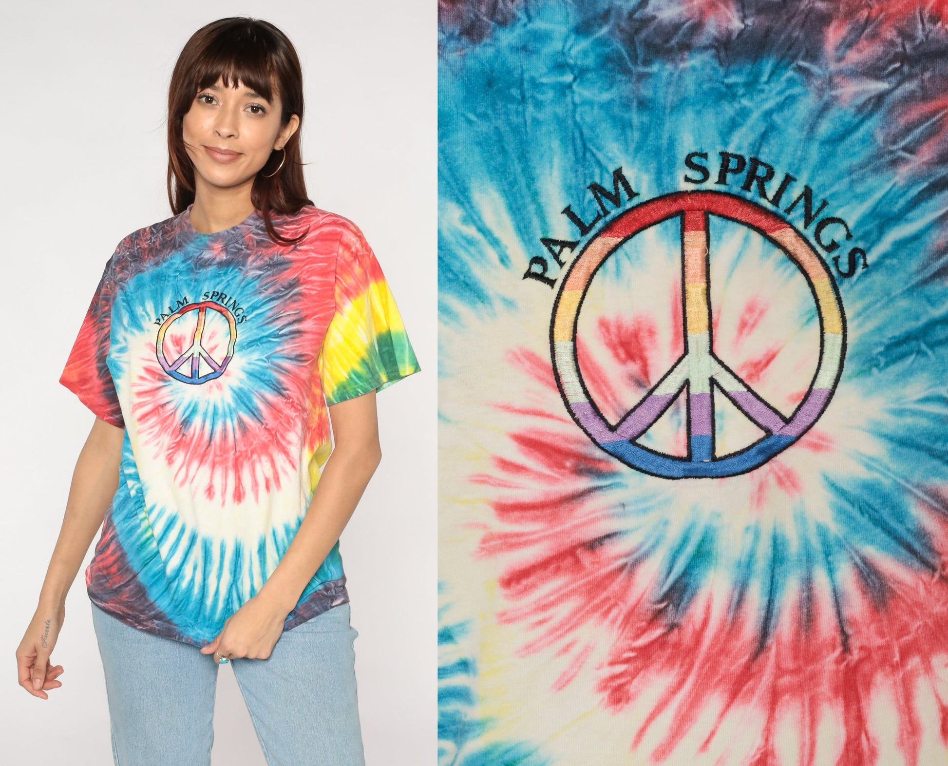 Y2K Palm Springs Tie Dye T-Shirt Peace Sign Graphic Cotton Tee Medium M