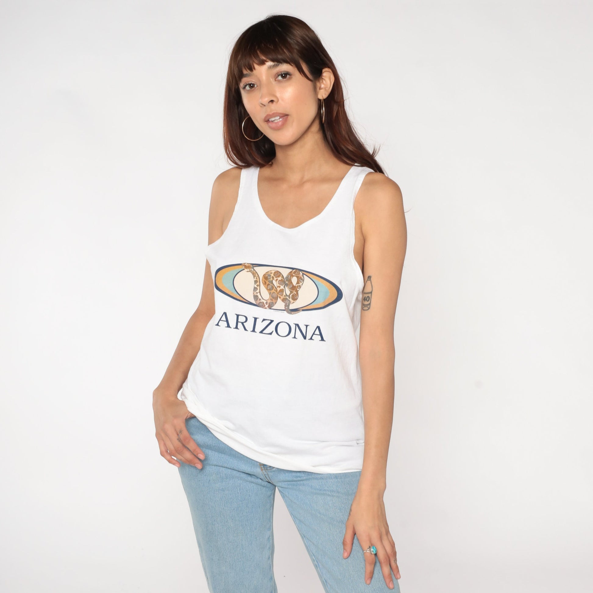 Y2K Arizona Snake Graphic Tank Top White Cotton Small S