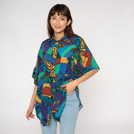 90s Abstract Patchwork Button-Up Blouse Psychedelic Print Extra Large