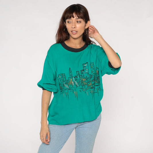 80s City Skyline Rhinestone Blouse Green Semi-Sheer Ringer Trim Medium